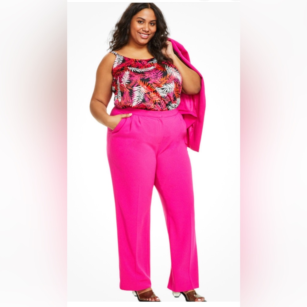 Bar III Women's Plus Size 22W Textured Crepe Wide-Leg Hot Pink Pants NWT